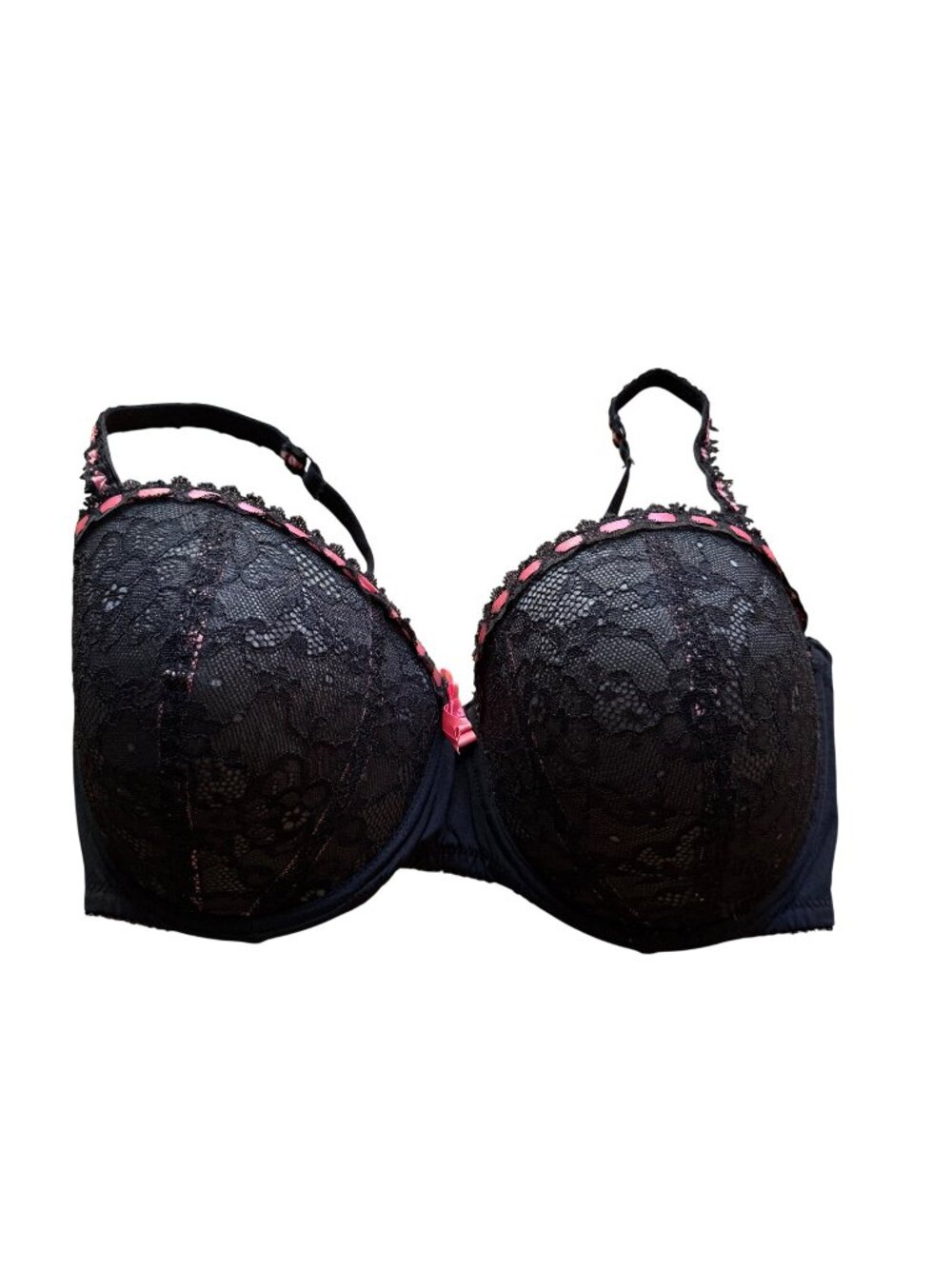 Adore Me Size 38DDD Black Floral Lace Push-Up Plunge Bra with Pink Ribbon Accent